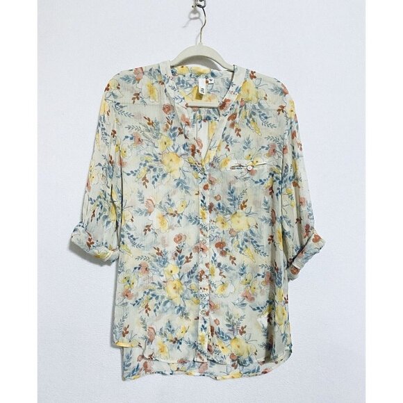 Kut from the Kloth Blouse Womens Large Sheer Ivory Floral Roll Tab Sleeve Boho - Picture 5 of 9